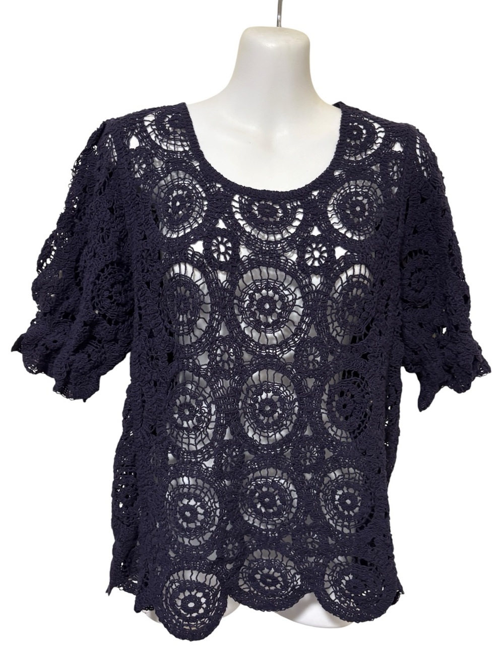 Solitaire Navy Blue Crochet Short Sleeve Top